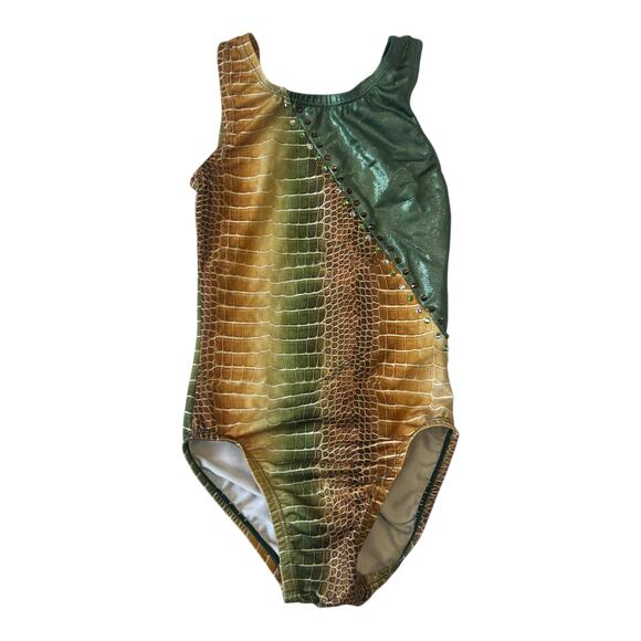 Gymnastics Dance Leotard Snake Skin Print Rhinestones Criss Cross Back Detail - Picture 1 of 6